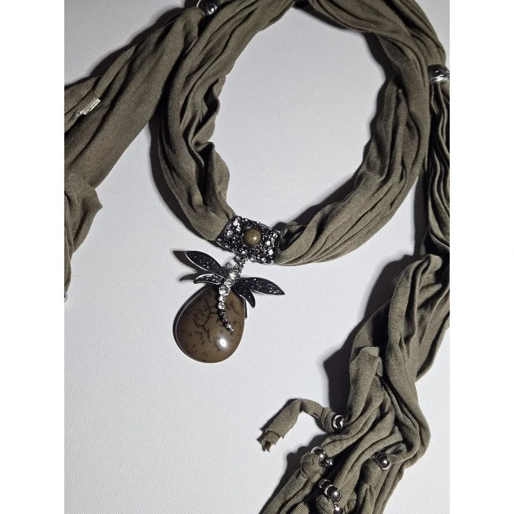 Vintage Boho Olive Green Scarf Necklace Rhinestone Dragonfly Stone Pendant Y2K